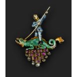 AN AUSTRO-HUNGARIAN ENAMEL AND GEM SET BROOCH, modelled as St George slaying the dragon,