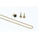 A COLLECTION OF JEWELLERY, comprising two hardstone seal fobs, a 9ct gold ropetwist-link chain, a