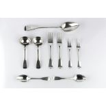 A MATCHED PART SERVICE OF 19TH CENTURY SILVER FIDDLE PATTERN FLATWARE, comprising a gravy spoon,
