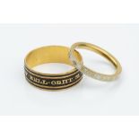 TWO GEORGIAN MEMORIAL BAND RINGS, the first with black enamel reeded decoration, inscribed '