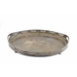 A 19TH CENTURY SILVER PLATED OVAL TEA TRAY, with pierced galleried border, 61cm; and a pair of