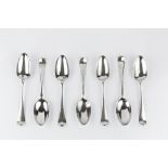 A MATCHED SET OF SEVEN GEORGE II SILVER HANOVERIAN PATTERN TABLESPOONS, comprising three by Ebenezer