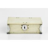 A 19TH CENTURY IVORY RECTANGULAR CASKET, with white metal mounted corner plates and escutcheon, 14cm