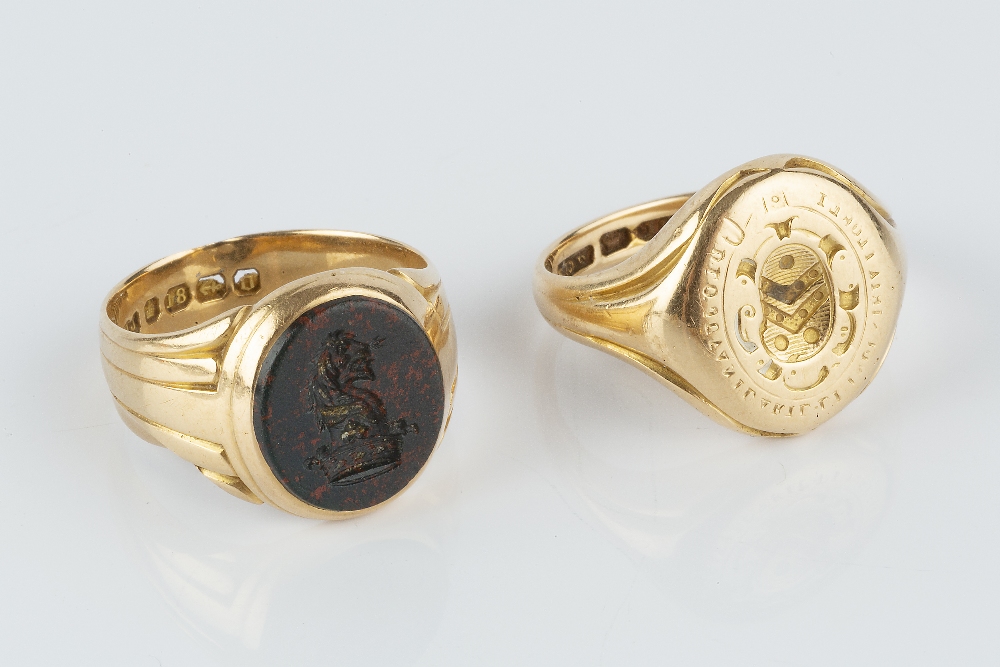 TWO VICTORIAN 18CT GOLD SIGNET RINGS, the first with incised armorial and motto, with reverse - Image 2 of 5