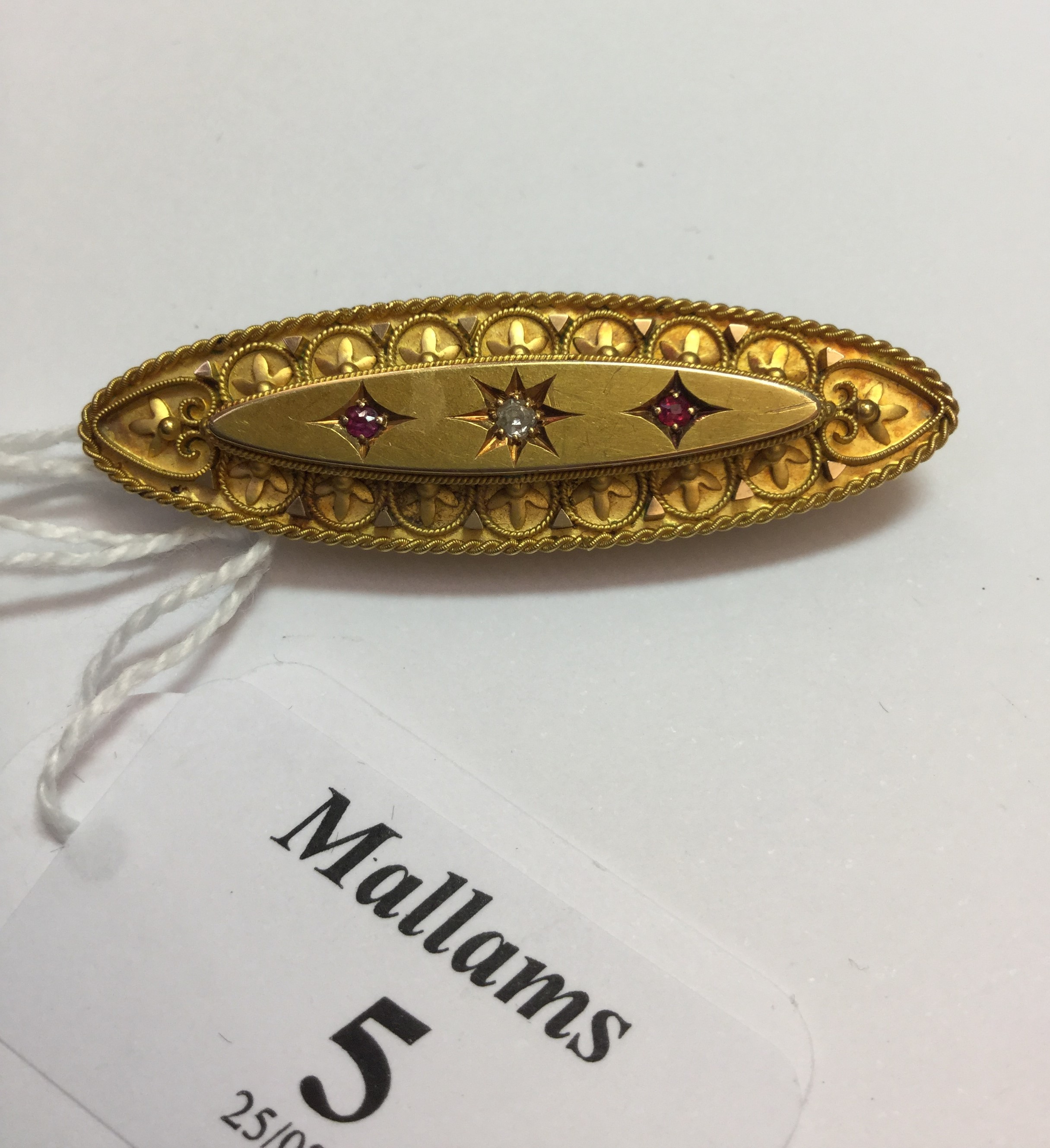 A LATE VICTORIAN RUBY AND DIAMOND SET PANEL BROOCH, the navette-shaped panel applied with - Image 2 of 5