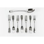 A SET OF FIVE WILLIAM IV SILVER FIDDLE PATTERN TABLE FORKS, by Jonathan Hayne, London 1830; two