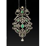 A 19TH CENTURY EMERALD, DIAMOND AND PEARL PENDANT, designed as two openwork panels of lasque-cut