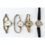 FOUR LADY'S 9CT GOLD CASED WRISTWATCHES, the first with circular gilt dial, Arabic numerals and