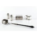 A COLLECTION OF SILVER, comprising a Georgian toddy ladle, with shaped bowl and ebonised handle,