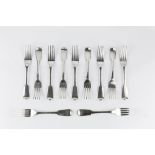 A SET OF ELEVEN GEORGE IV SILVER FIDDLE PATTERN TABLE FORKS, by Charles Fox II, London 1824, 26.5 oz