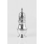 A GEORGE I SILVER SUGAR CASTER, of girdled baluster form with pierced domed cover, crested, by