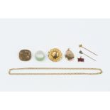 A COLLECTION OF JEWELLERY, comprising a late Victorian diamond set panel brooch, glazed verso, a