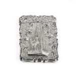 A MID VICTORIAN SILVER 'CASTLE TOP' CARD CASE, of shaped rectangular form, relief decorated with the