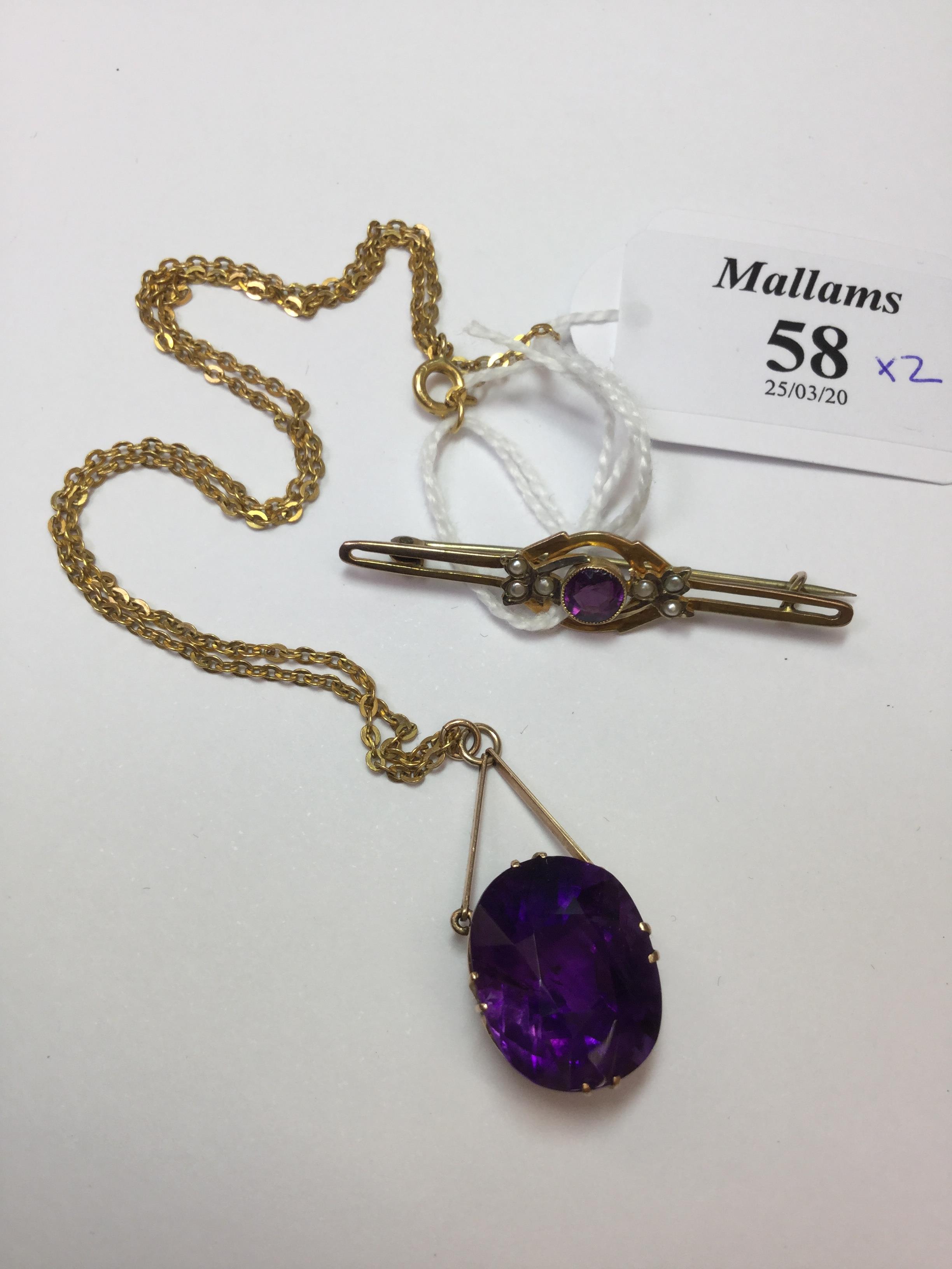 AN AMETHYST SINGLE STONE PENDANT NECKLACE, the cushion-shaped mixed-cut amethyst in claw setting, - Image 2 of 7