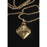 A LOCKET PENDANT ON CHAIN, the square locket with foliate scroll decoration and old-cut diamond