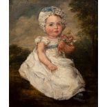 Continental School, early 19th Century Portrait of a young child wearing lace bonnet, white frock