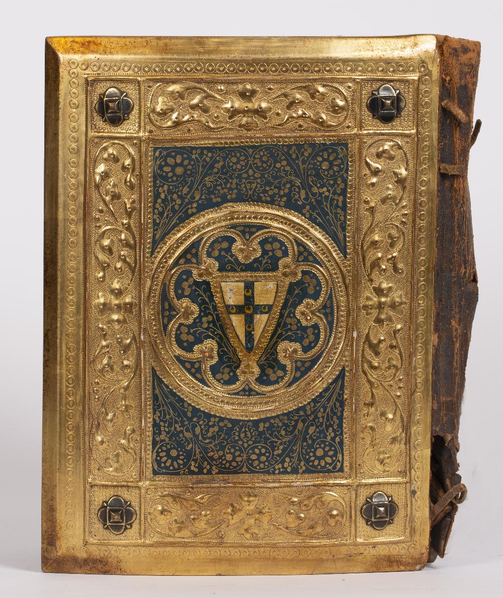 A 19th Century Siennese gilt gesso and wood book cover The upper panel printed with bishop and - Image 2 of 3