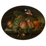 Attributed to Tobias Stranover (c.1684-1756) Still life - a chaffinch, fruit and a bunch of