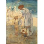 B Nickson after Phillips Fox Mother and child on the beach, 1912 signed and date watercolour 39 x