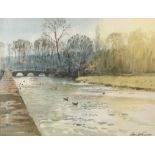 Chas Robinson "Sunlight in Winter, Bibury" signed watercolour 35.5 x 46.5cm.