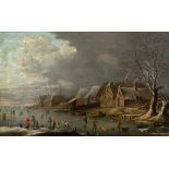 17th/18th Century Dutch School Skaters on a frozen river oil on canvas 43 x 70cm; in carved giltwood