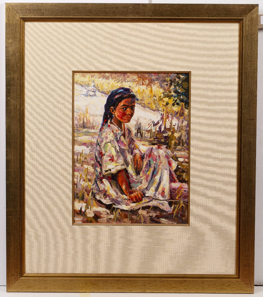 Contemporary Russian School Portrait of a peasant girl seated in a field, 2006 signed and dated, - Image 2 of 3
