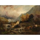 George Cole (1810-1883) A mountain hamlet with cattle at a river bridge signed oil on canvas 39 x