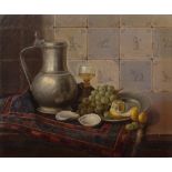 Eduard Pieter Moleveld (b.1946) Still life - a pewter jug, wine glass, fruit and oyster shells