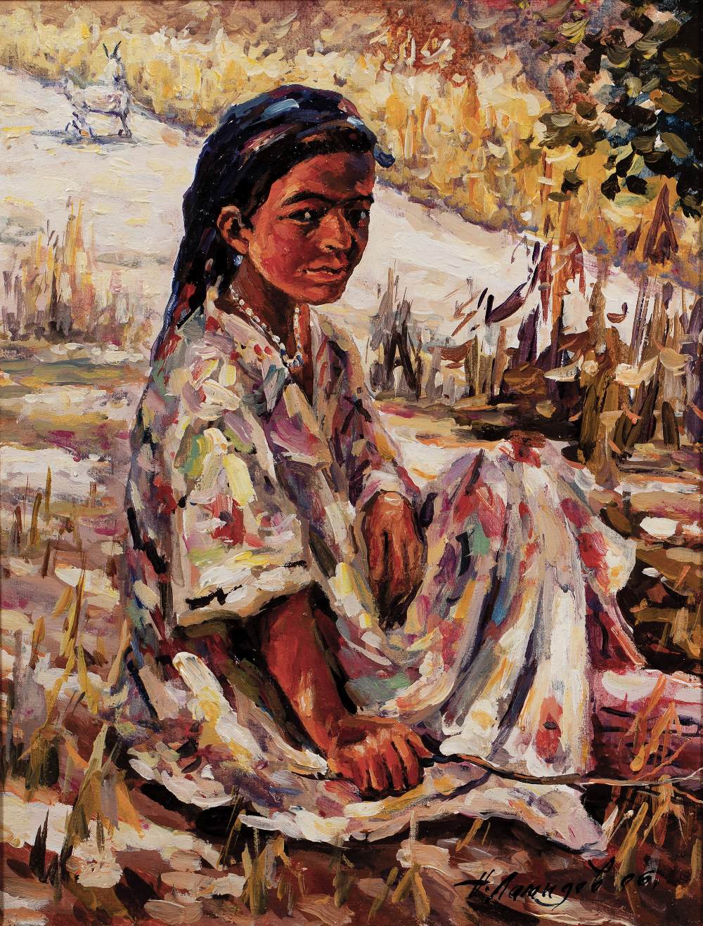 Contemporary Russian School Portrait of a peasant girl seated in a field, 2006 signed and dated,