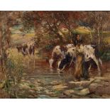 George Smith (1870-1934) Farmhand with cattle watering at a river signed oil on canvas 39 x 49.