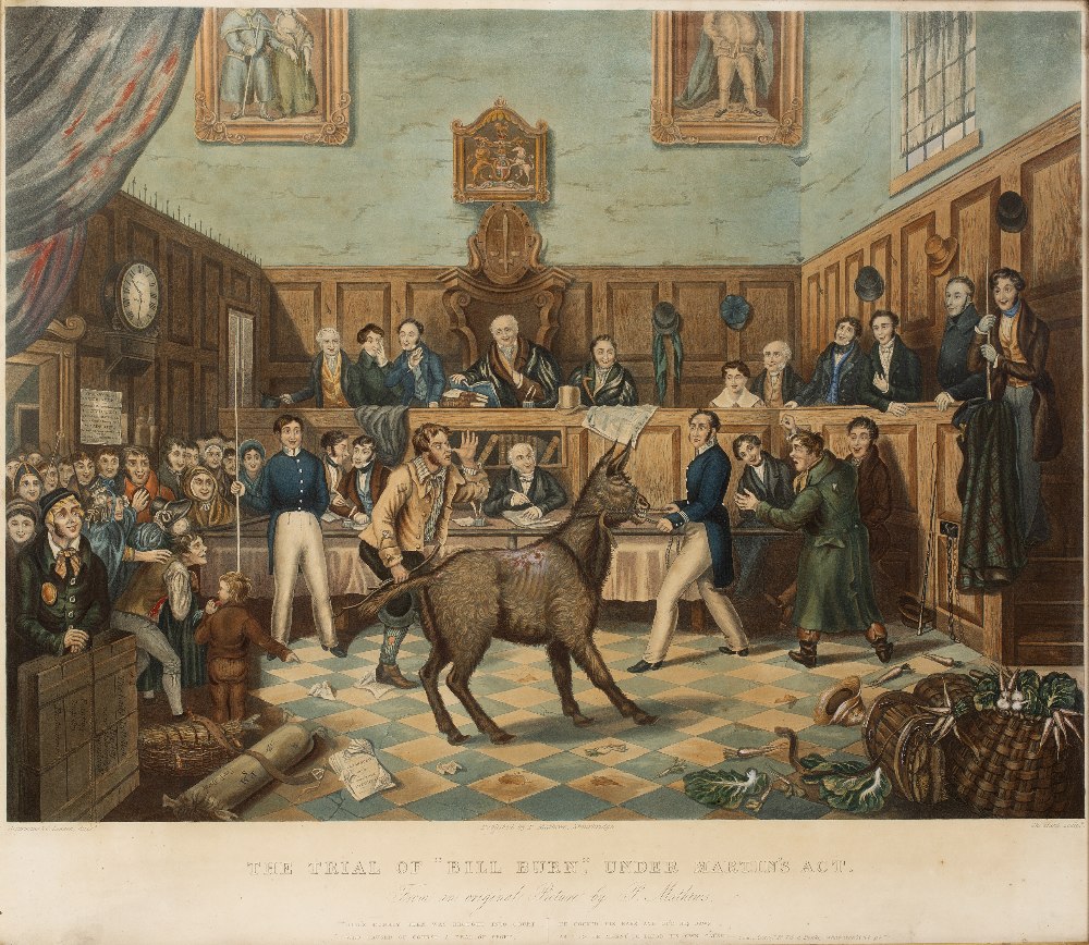 Charles Hunt after P Mathews "The Trial of "Bill Burn" under Martin's Act" hand-coloured aquatint