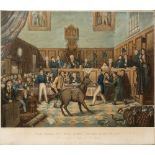 Charles Hunt after P Mathews "The Trial of "Bill Burn" under Martin's Act" hand-coloured aquatint