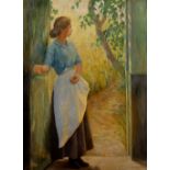 O. Howey Full length portrait of a farm hand at an open door drenched in sunlight, 1898 signed and