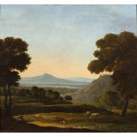 Follower of Gaspard Poussin (1615-1675) A romantic landscape with figure and cattle at dusk oil on