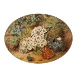 Miss E. Walter (1833-1893) Apple blossom, primroses, and a nest of bird eggs in an earthy