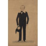 19th Century English School Full length study of a gentleman in black suit holding a hat watercolour