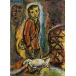 Santí Suros Forns(1909-1982) Boy with goose signed 'Suros' (lower right) oils 32.5 x 23cm.