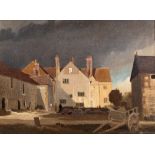 Charles Knight (1901-1990) Figures outside farm buildings, 1938 inscribed and dated (to reverse) oil