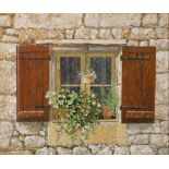 Chris Wild "Window with Brown Shutters" signed oil on board 27 x 32cm.