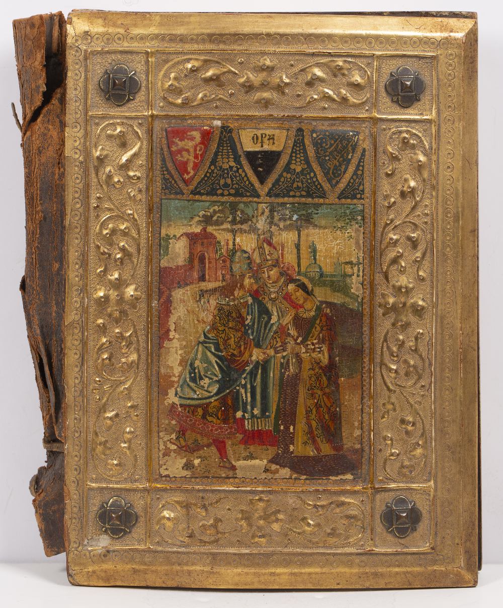 A 19th Century Siennese gilt gesso and wood book cover The upper panel printed with bishop and - Image 3 of 3