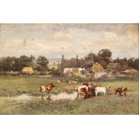 Henry Sykes (1855-1921) Cattle watering in a meadow with farm buildings signed watercolour 22 x