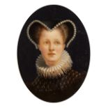 19th Century English School Portrait of a lady in 17th Century dress oil over photographic base 15 x