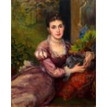 English School, late 19th Century Portrait of a lady in an interior with Persian blue cat oil on