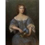 19th Century English School Portrait of a lady in 17th Century dress holding a basket of flowers