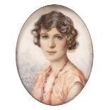 C * KIRK Head and shoulders portrait of a lady wearing a sleeveless dress and coral necklace, signed