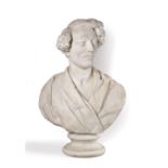 A LATE 19TH CENTURY HALF-LENGTH MARBLE PORTRAIT BUST OF A GENTLEMAN, his head turned slightly to the