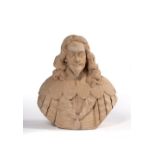 A COAD STONE PORTRAIT BUST OF CHARLES I, facing forward and wearing an elaborate lace ruff, 26cm