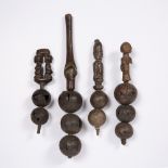 FOUR DEMOCRATIC REPUBLIC OF CONGO LUBA FIGURAL RATTLES, carved wood with hollow nuts one with