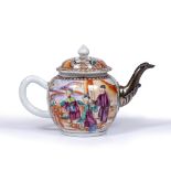 A 18/19th CENTURY CHINESE EXPORT PORCELAIN TEAPOT & COVER, decorated with 'mandarin' figures painted