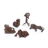A BRONZE MINIATURE FIGURE OF A HORSE, in sleeping position, 7.5cm, and four further similar